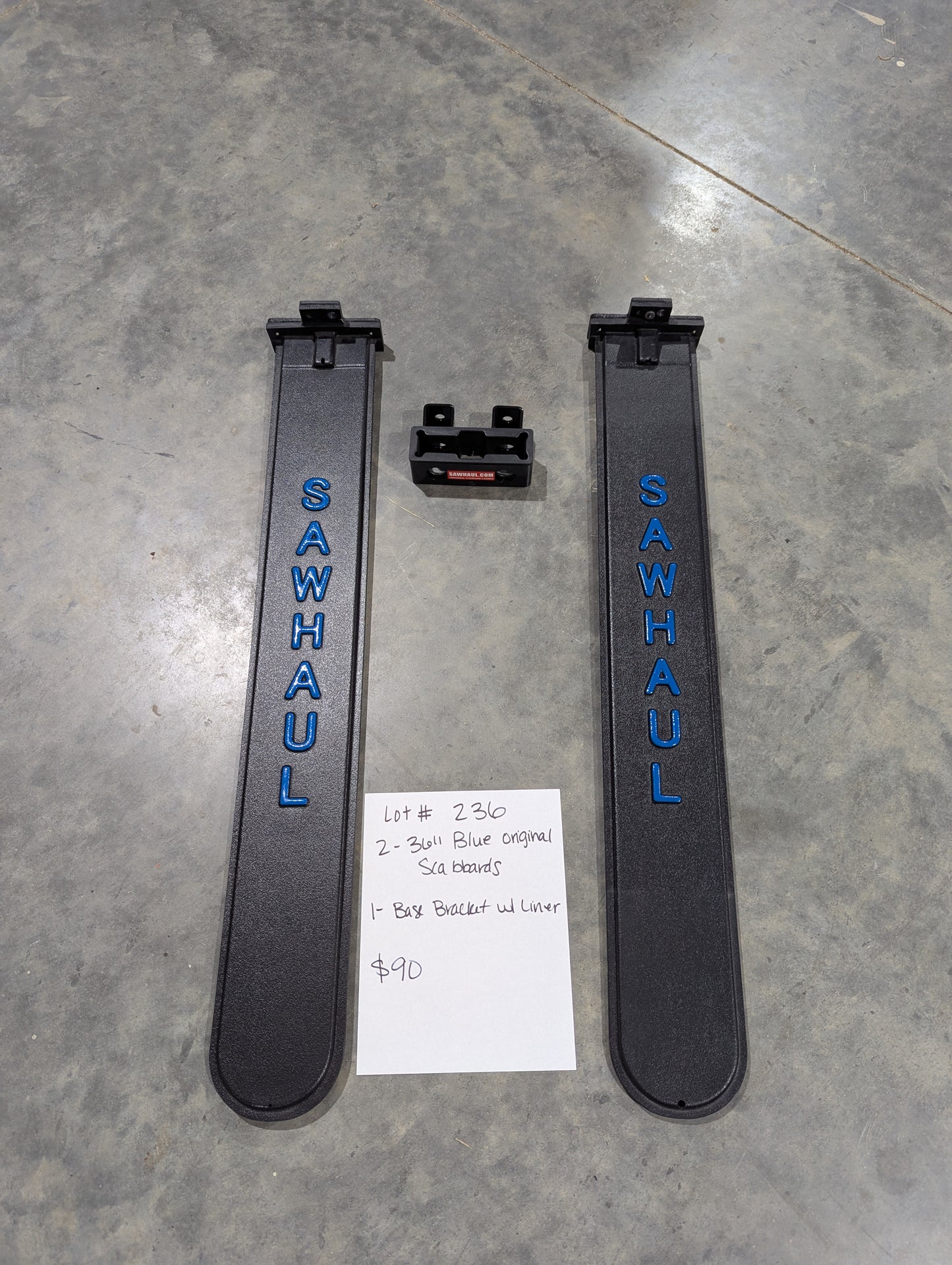 2 36" BLUE SCABBARDS AND BASE BRACKET WITH LINER LOT