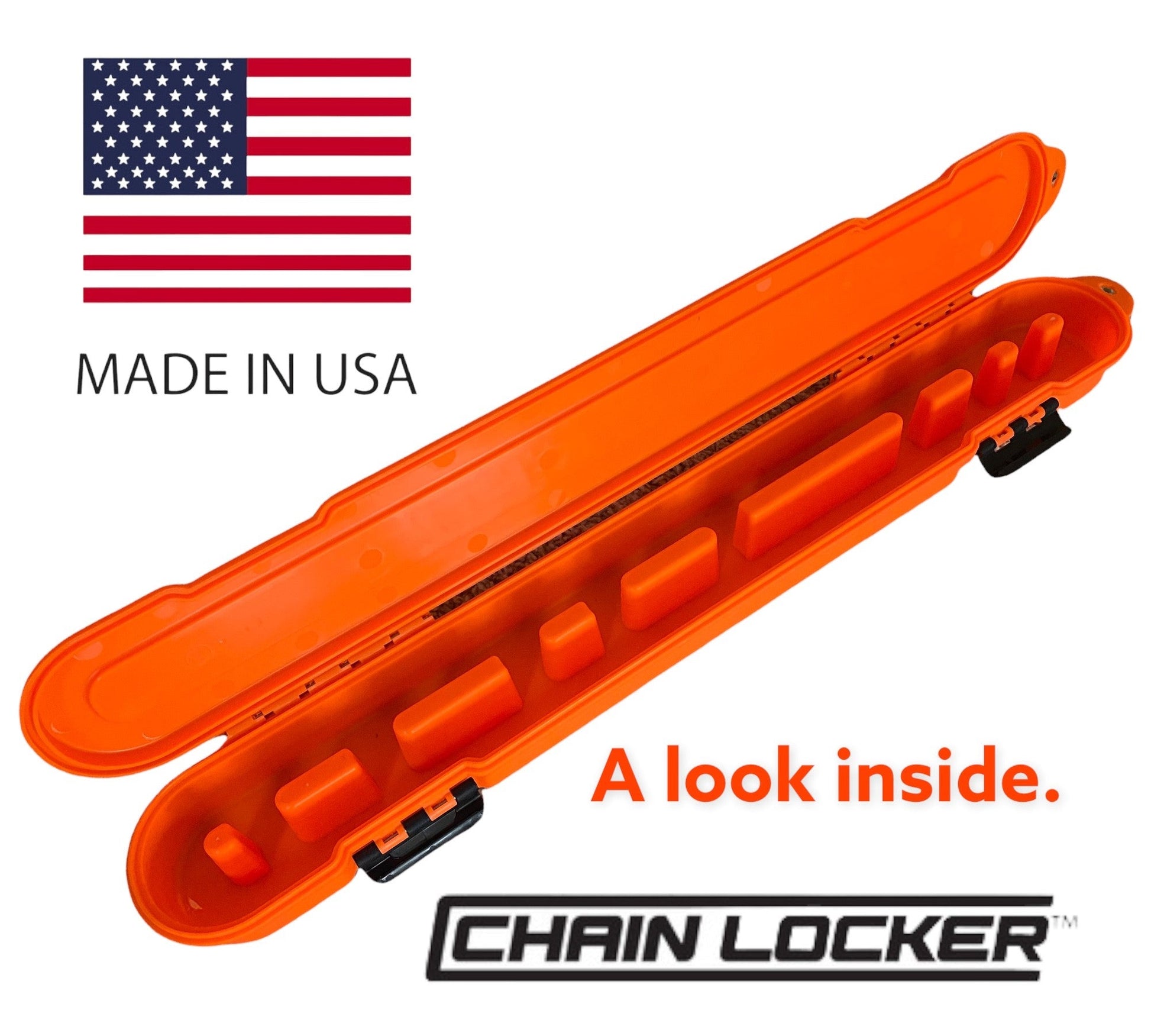 Orange chain locker with American flag and 'Made in USA' text, featuring Chain Locker branding.