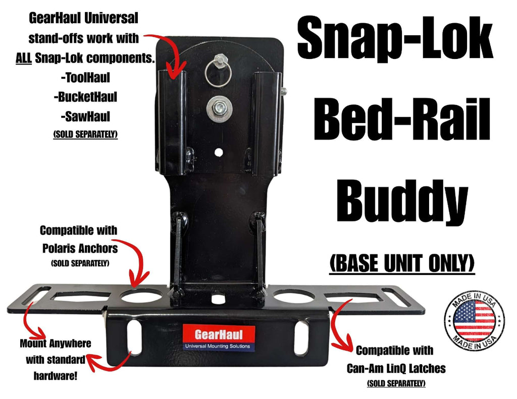 Snap-Lok Bed-Rail Buddy product with branding and compatibility information on a white background