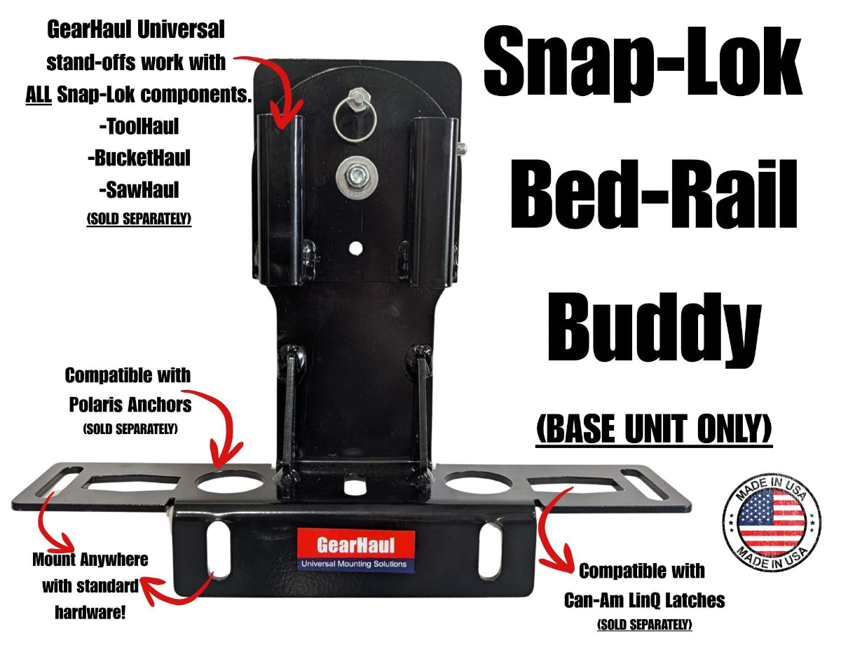 Snap-Lok Bed-Rail Buddy product with branding and compatibility information on a white background