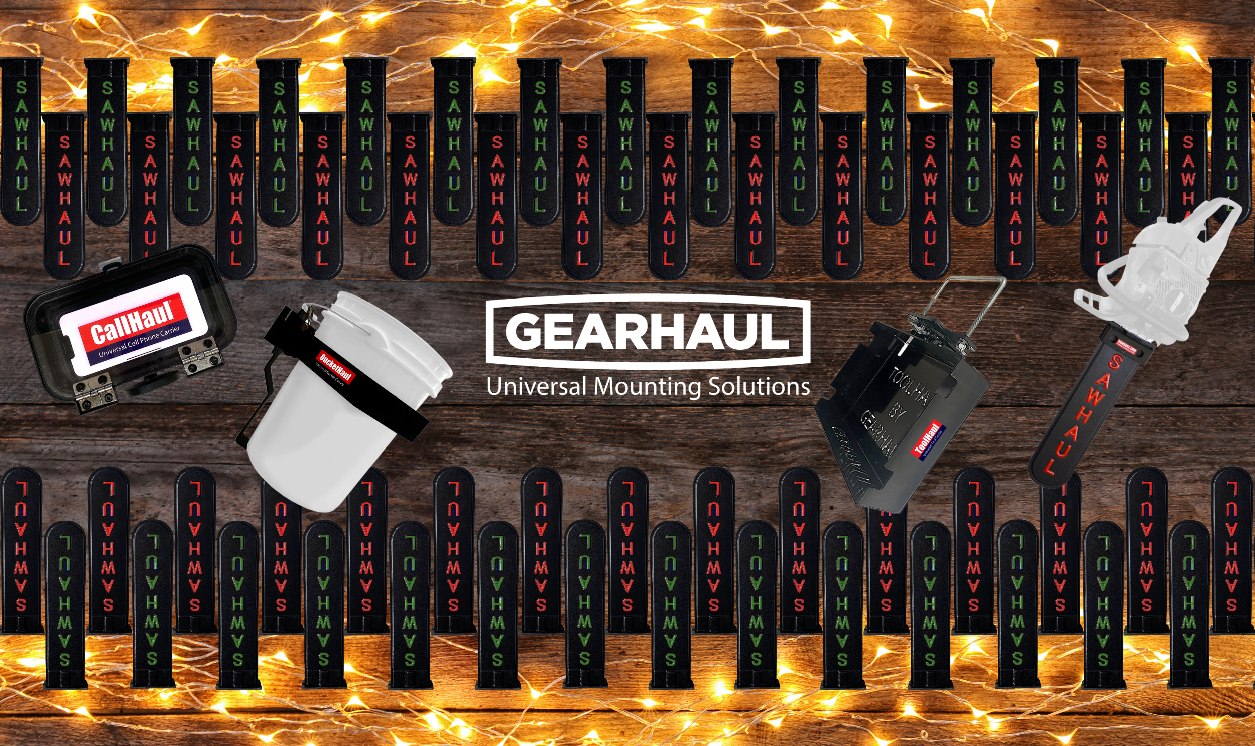 Gearhauls with Calibra logo on a wooden background with string lights