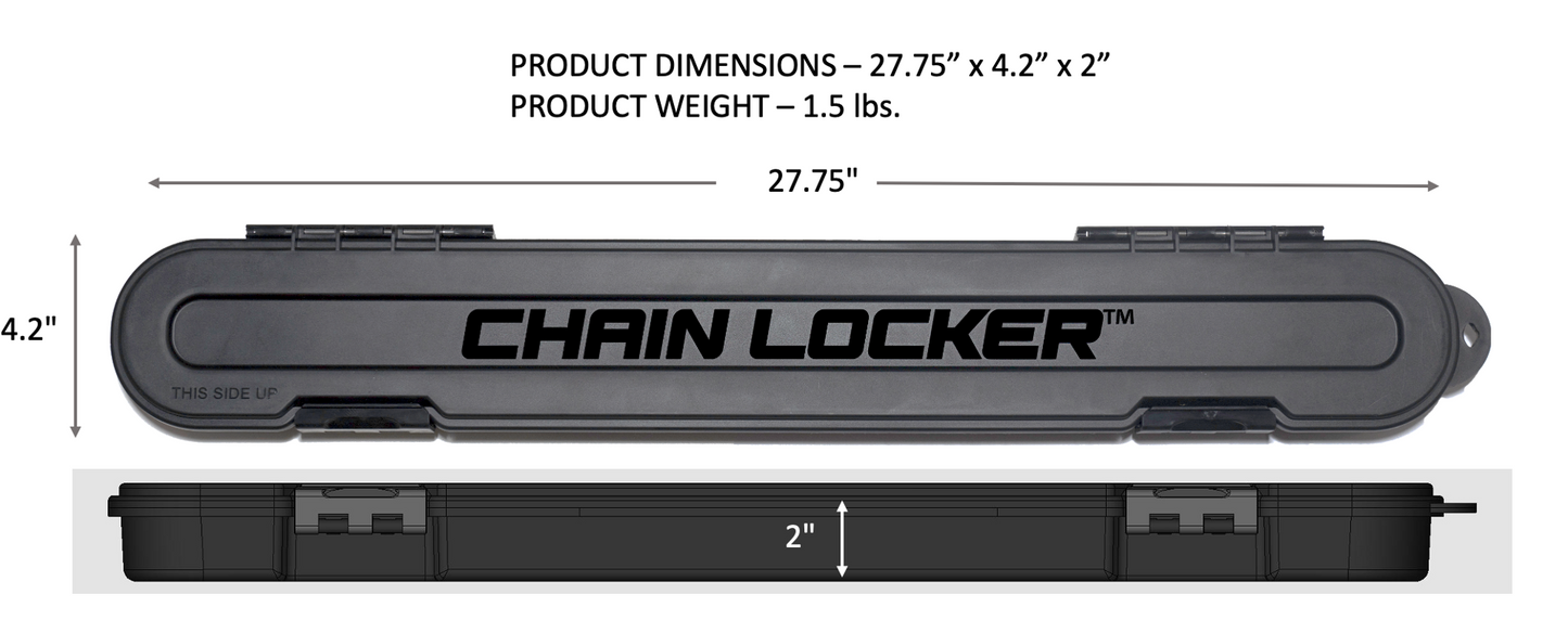 Chain Locker dimensions and weight information on a white background