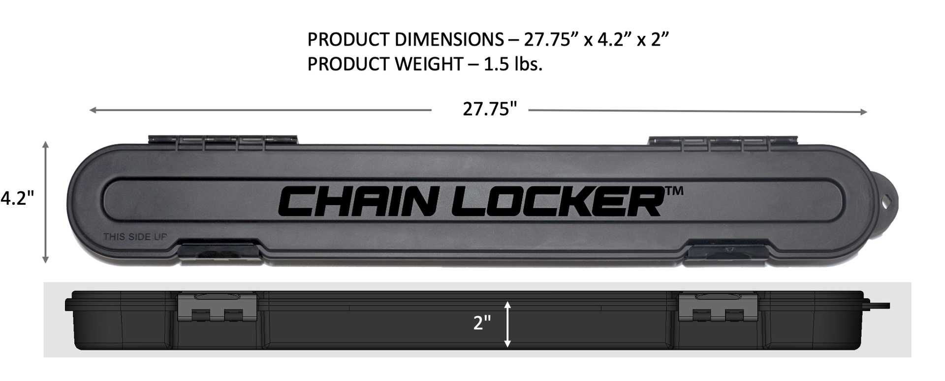 Chain Locker dimensions and weight information on a white background