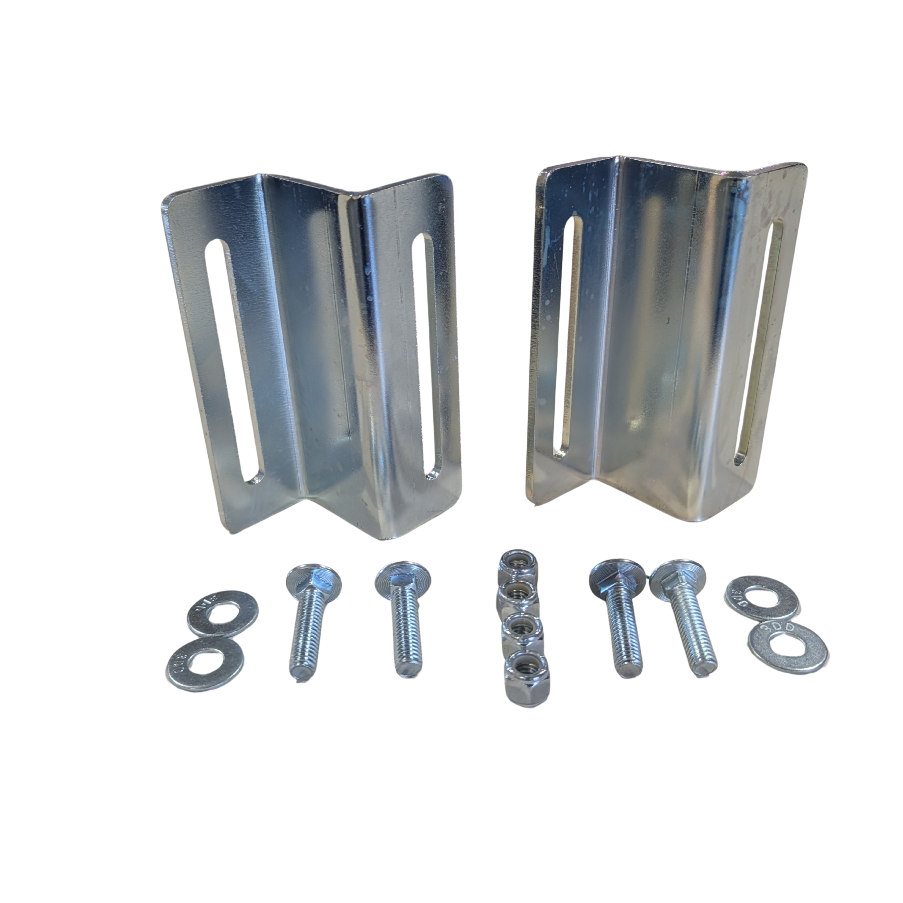 Two silver metal bracket clips with mounting hardware including screws, nuts, and washers, displayed on a clean white background.
