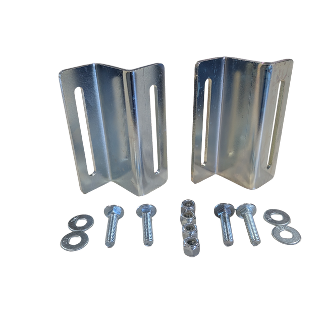Two silver metal bracket clips with mounting hardware including screws, nuts, and washers, displayed on a clean white background. Hover Image