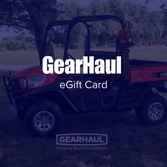 Red utility vehicle with 'GearHaul eGift card' branding and text overlay on a dark background.