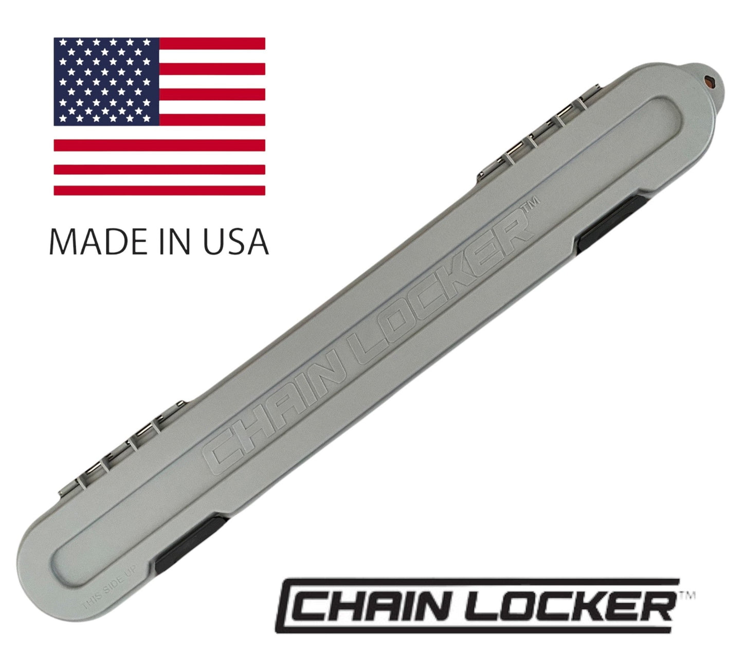 Gray chain locker with 'Made in USA' text and American flag on a white background