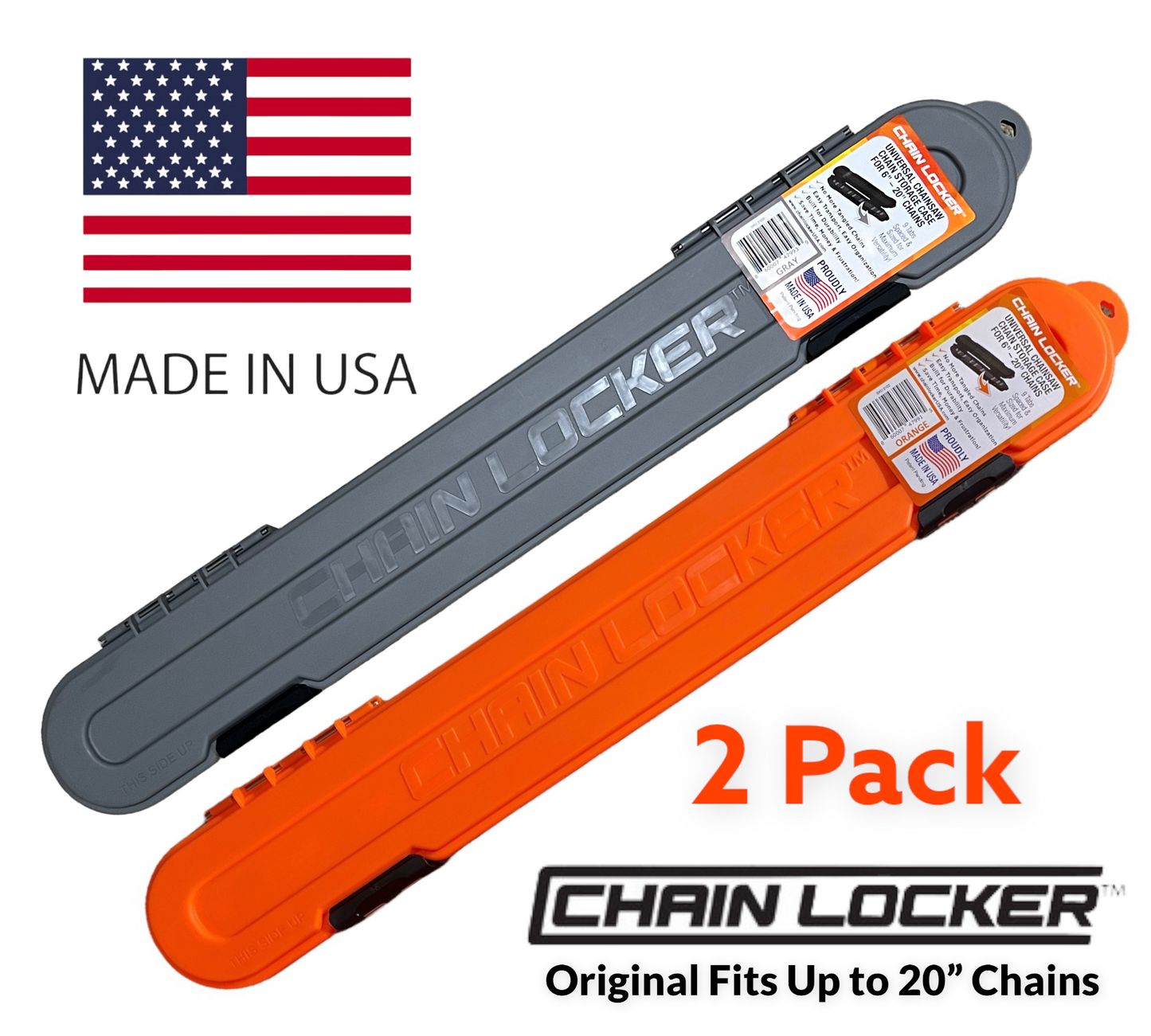 Two Chain Locker chains in gray and orange with an American flag, 'Made in USA' text, and '2 Pack' label on a white background.