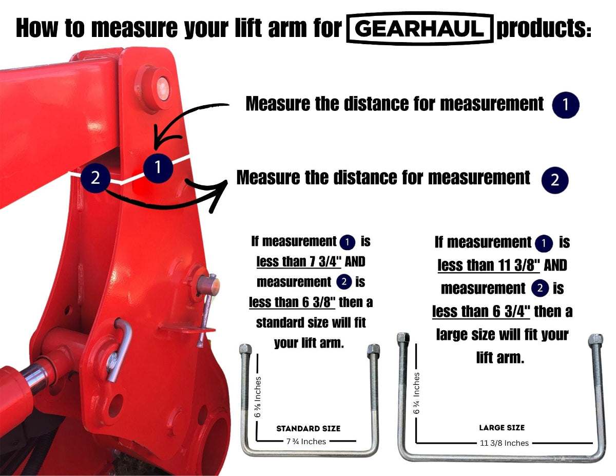 Instructions on how to measure a lift arm for Gearhaul products with a red lift arm and measurement chart.