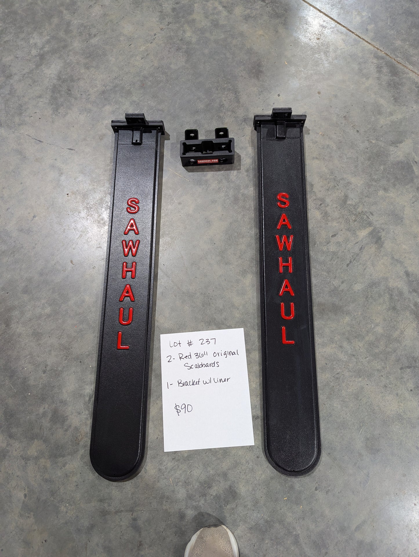 2 36" RED SCABBARDS AND BASE BRACKET WITH LINER LOT