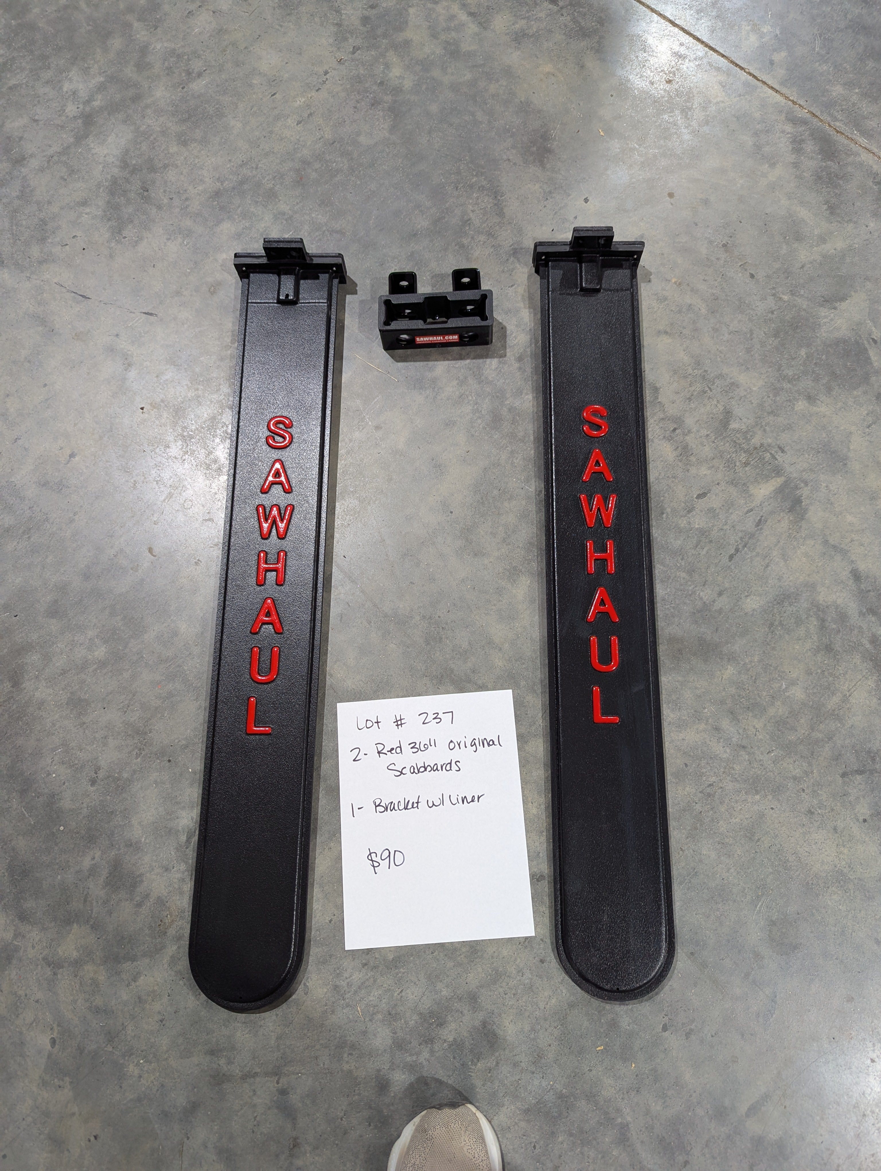 2 36" RED SCABBARDS AND BASE BRACKET WITH LINER LOT