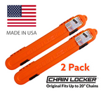 Two orange 'Chain Locker' products with an American flag, text indicating 'Made in USA', and '2 Pack' on a white background.