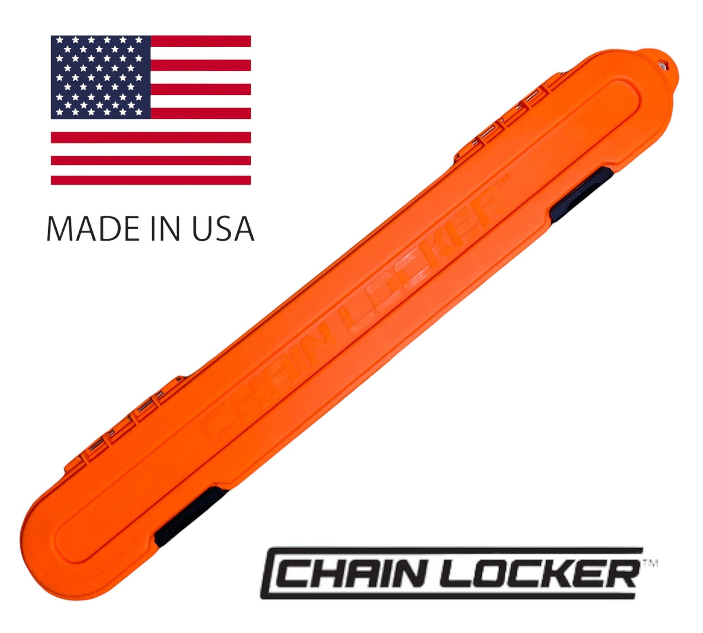 Orange chain locker with American flag and 'Made in USA' text on a white background