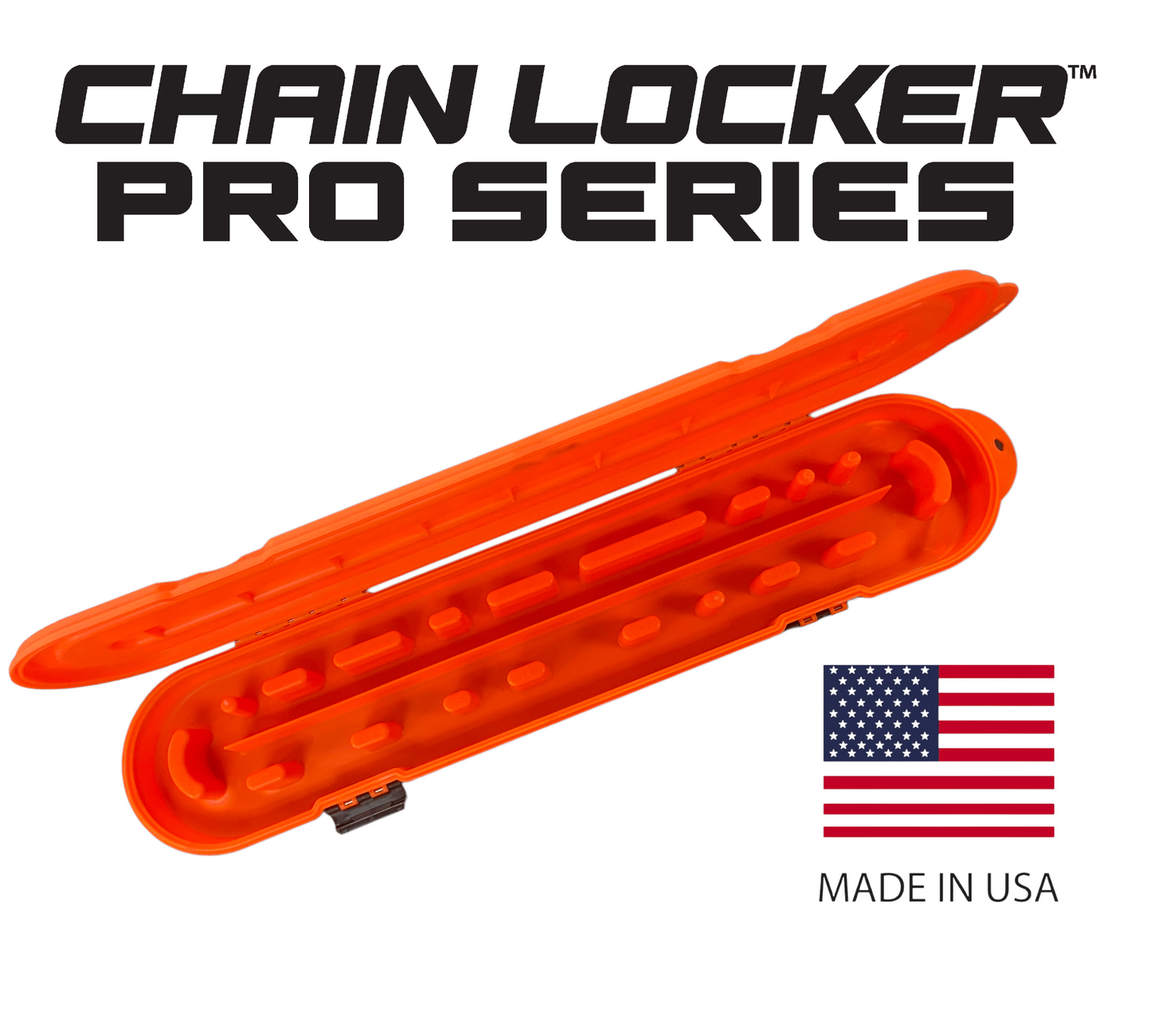 Orange chain locker pro series product with 'Made in USA' label on a white background