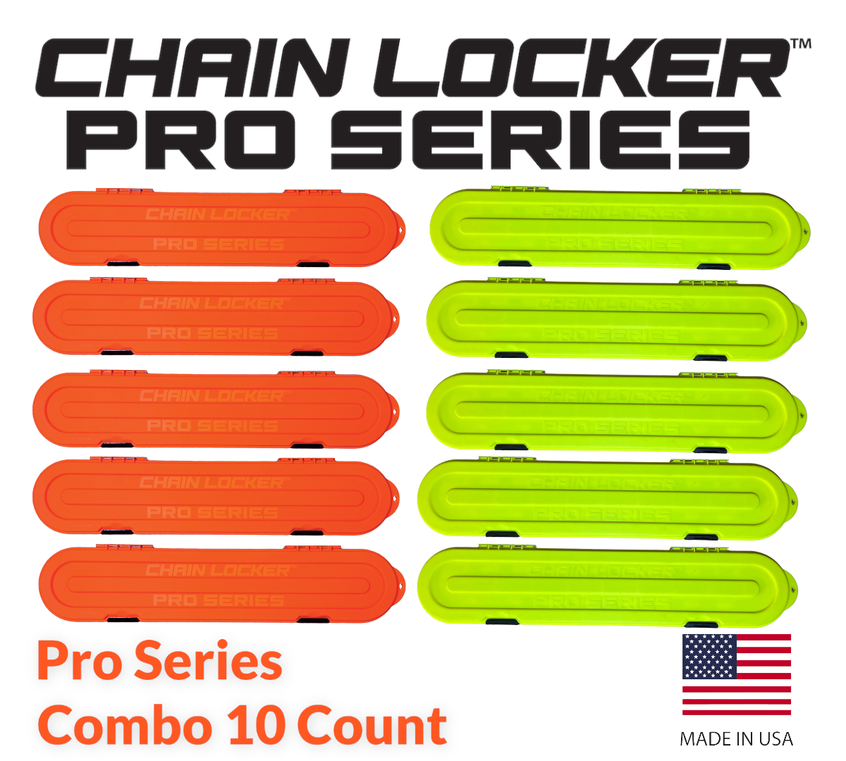 Chain Locker Pro Series containers in orange and green with text on a white background