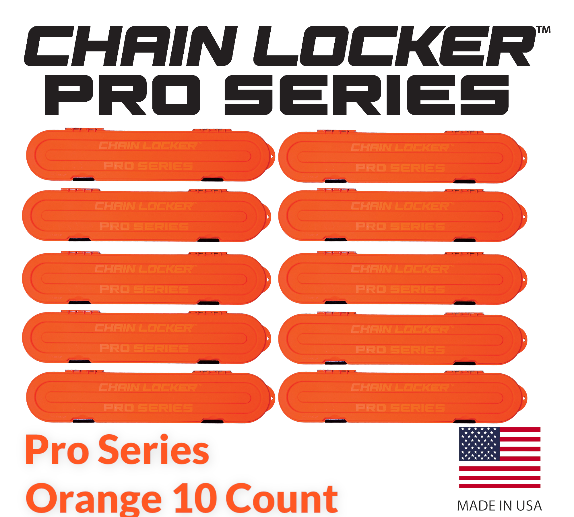 Orange 'Chain Locker Pro Series' containers with a U.S. flag and text indicating 'Made in USA'.