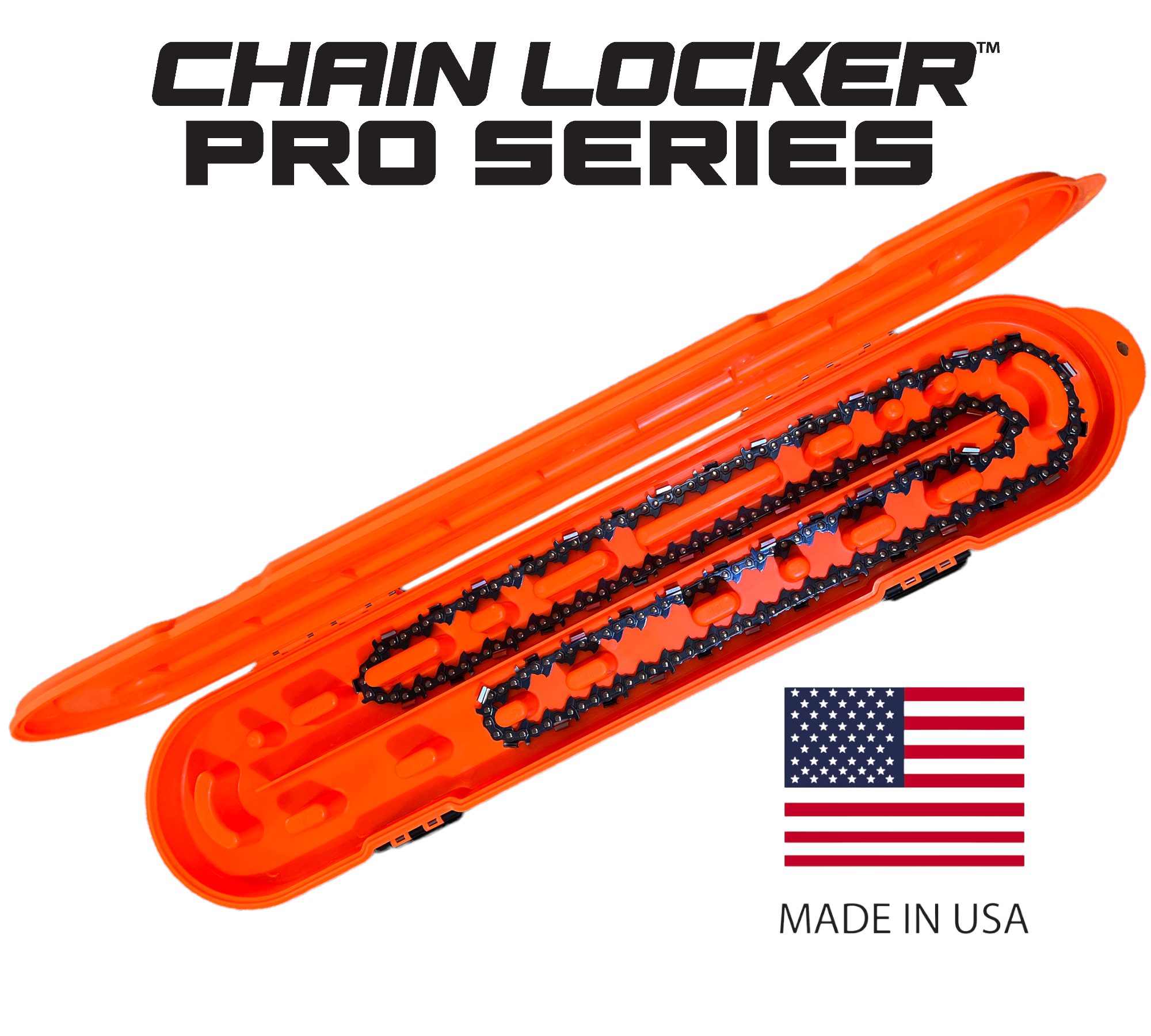 Orange chain locker with chains, 'Chain Locker Pro Series' text, and American flag on a white background