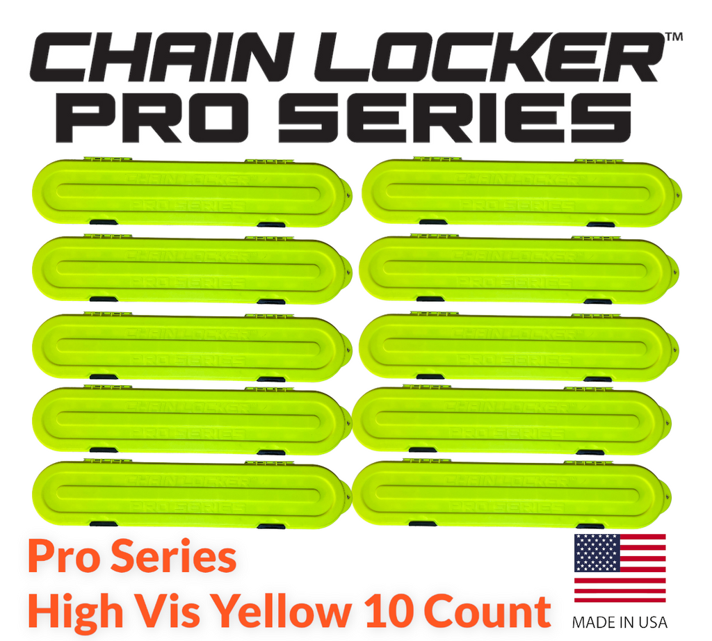 Multiple bright yellow chain locker covers with 'Chain Locker Pro Series' branding on a white background.