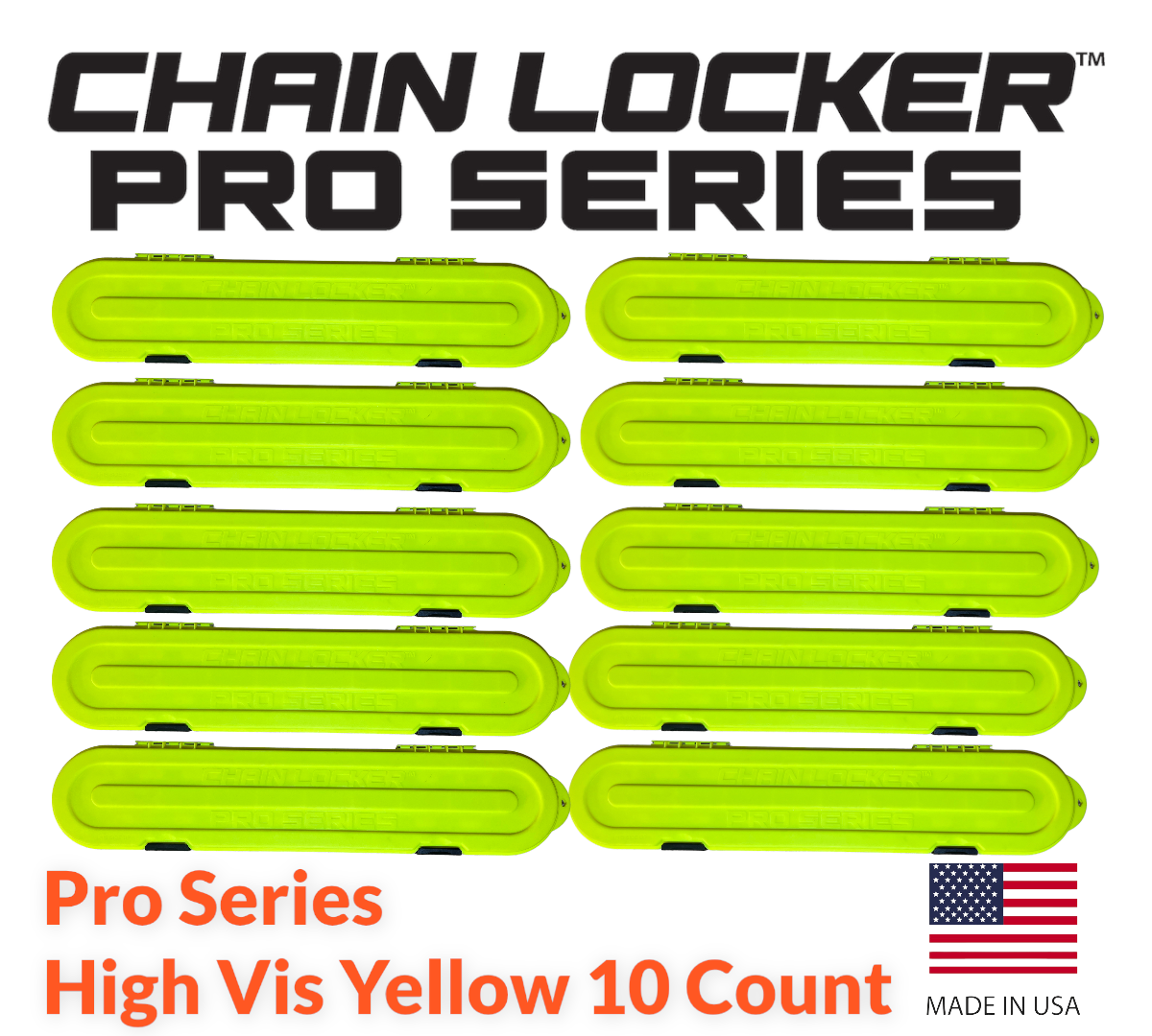 Multiple bright yellow chain locker covers with 'Chain Locker Pro Series' branding on a white background.