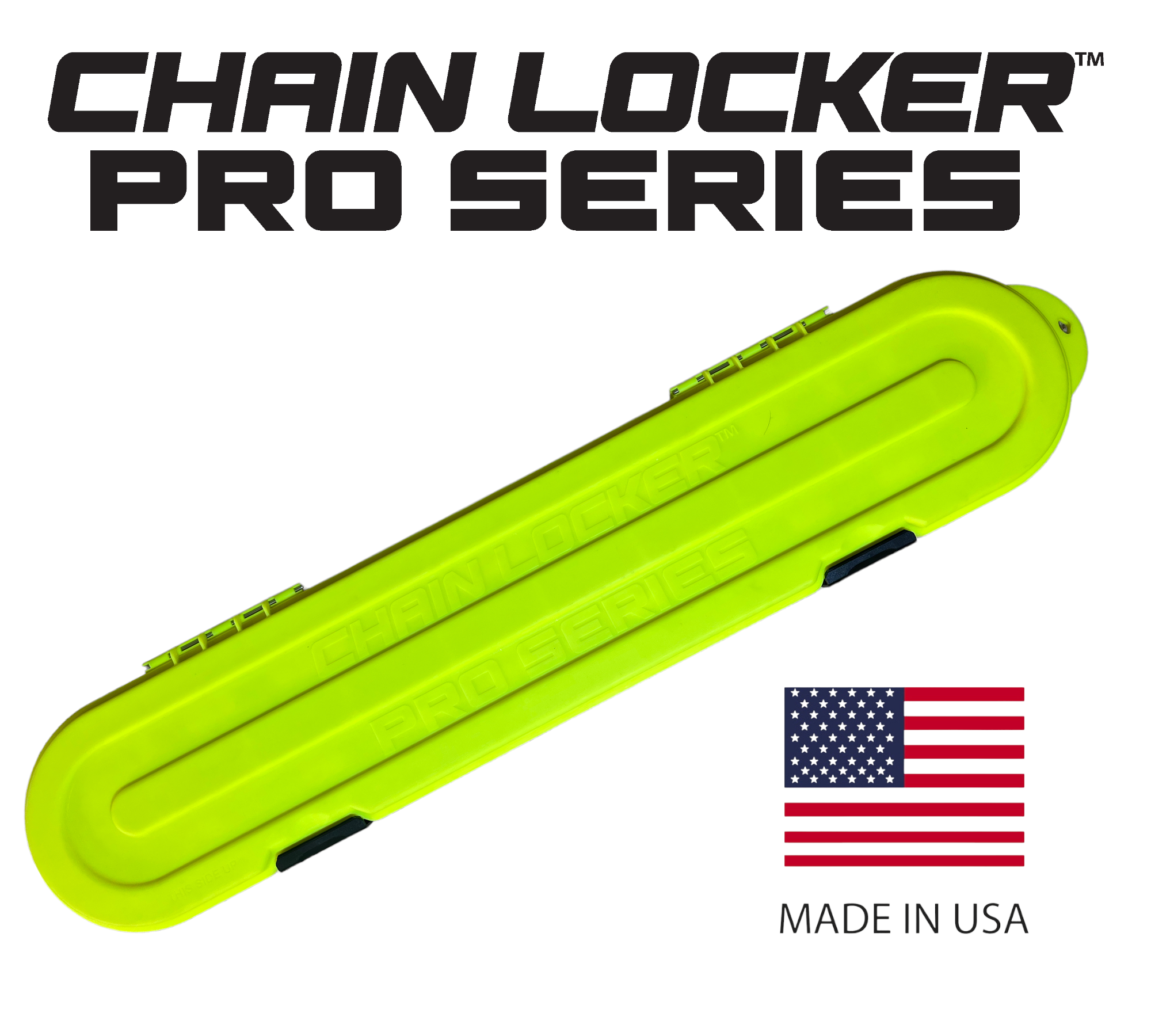 Yellow chain locker with 'Chain Locker Pro Series' text and American flag on a white background