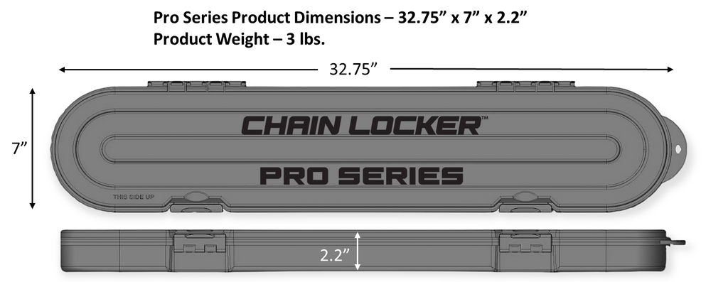 Chain Locker Pro Series product dimensions and weight displayed on a gray background