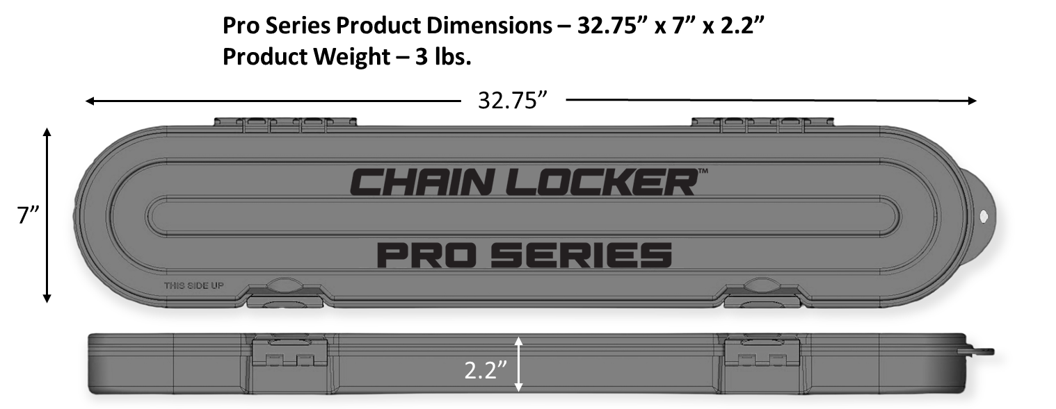 Chain Locker Pro Series product dimensions and weight displayed on a gray background