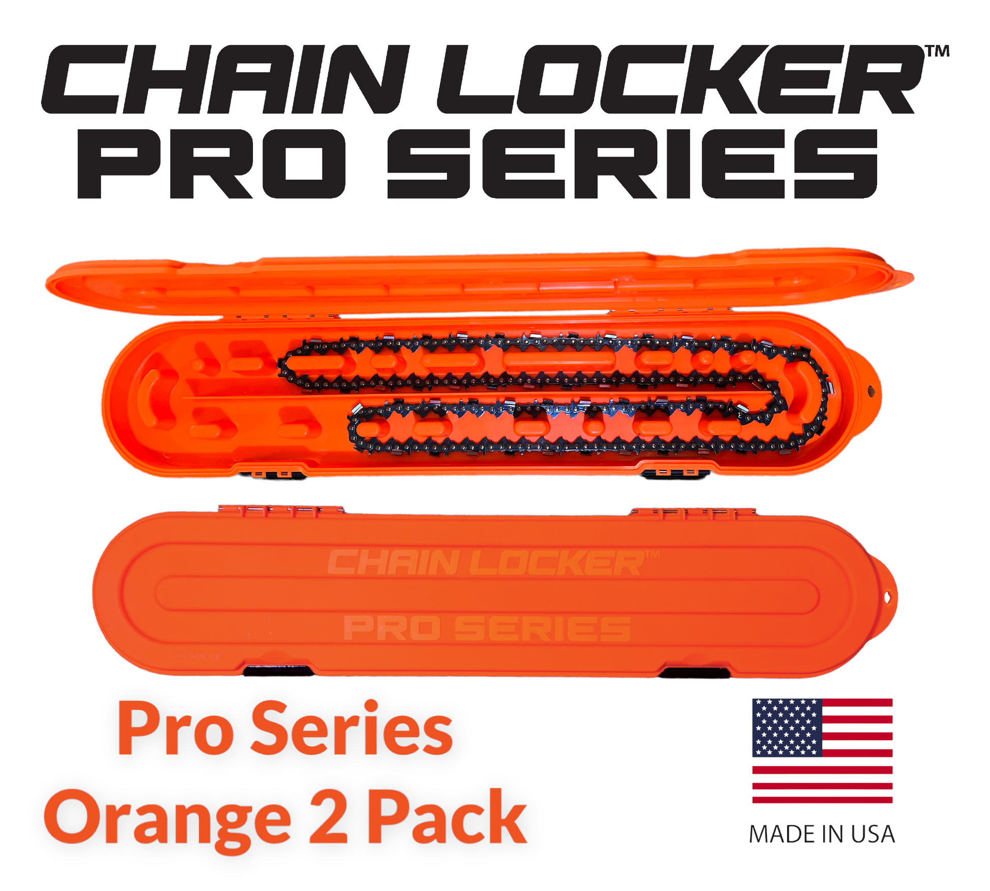 Orange chain locker with chains inside, labeled 'Chain Locker Pro Series' on a white background.