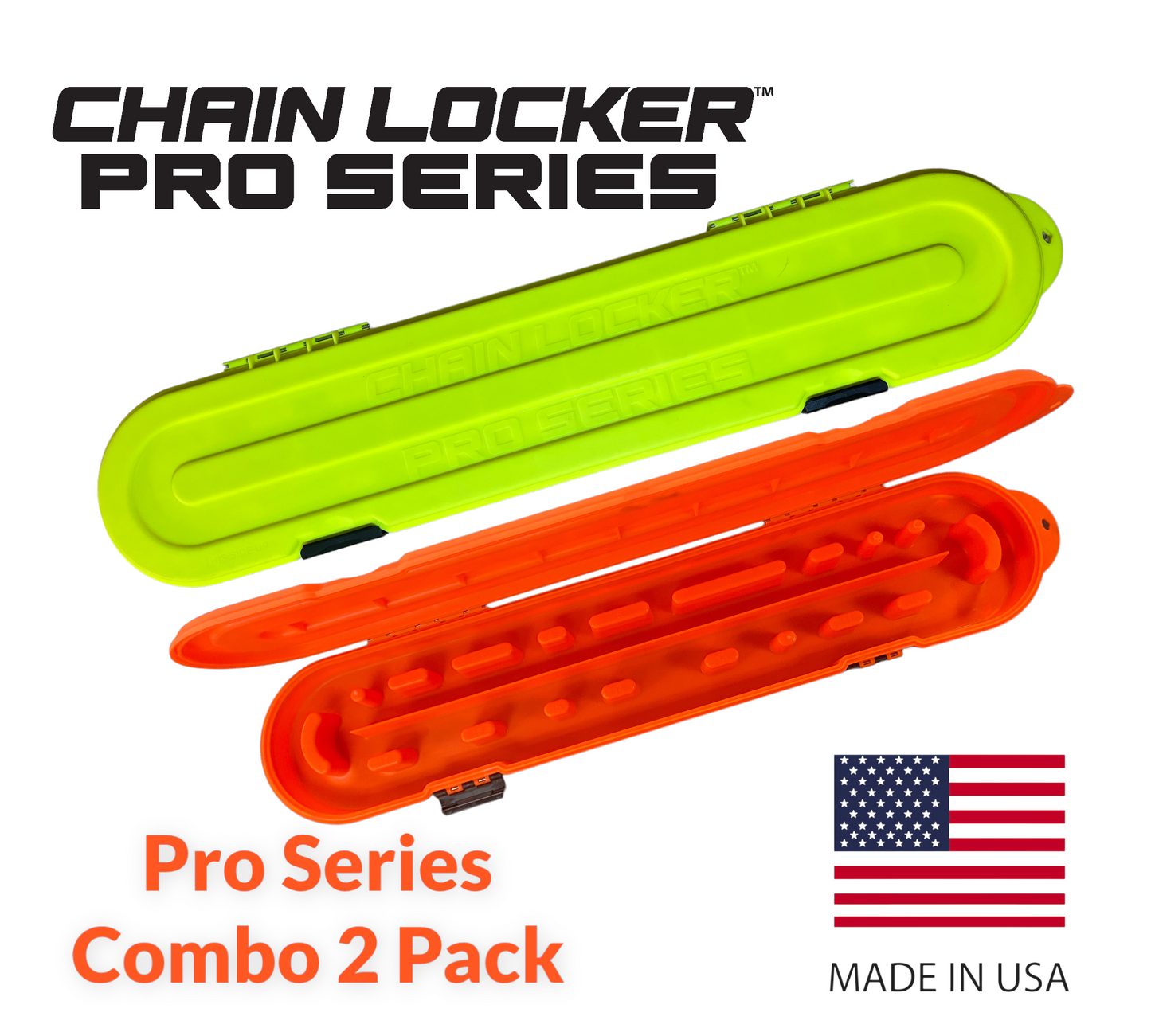 Two chain locker covers, one green and one orange, with 'Chain Locker Pro Series' branding on a white background.