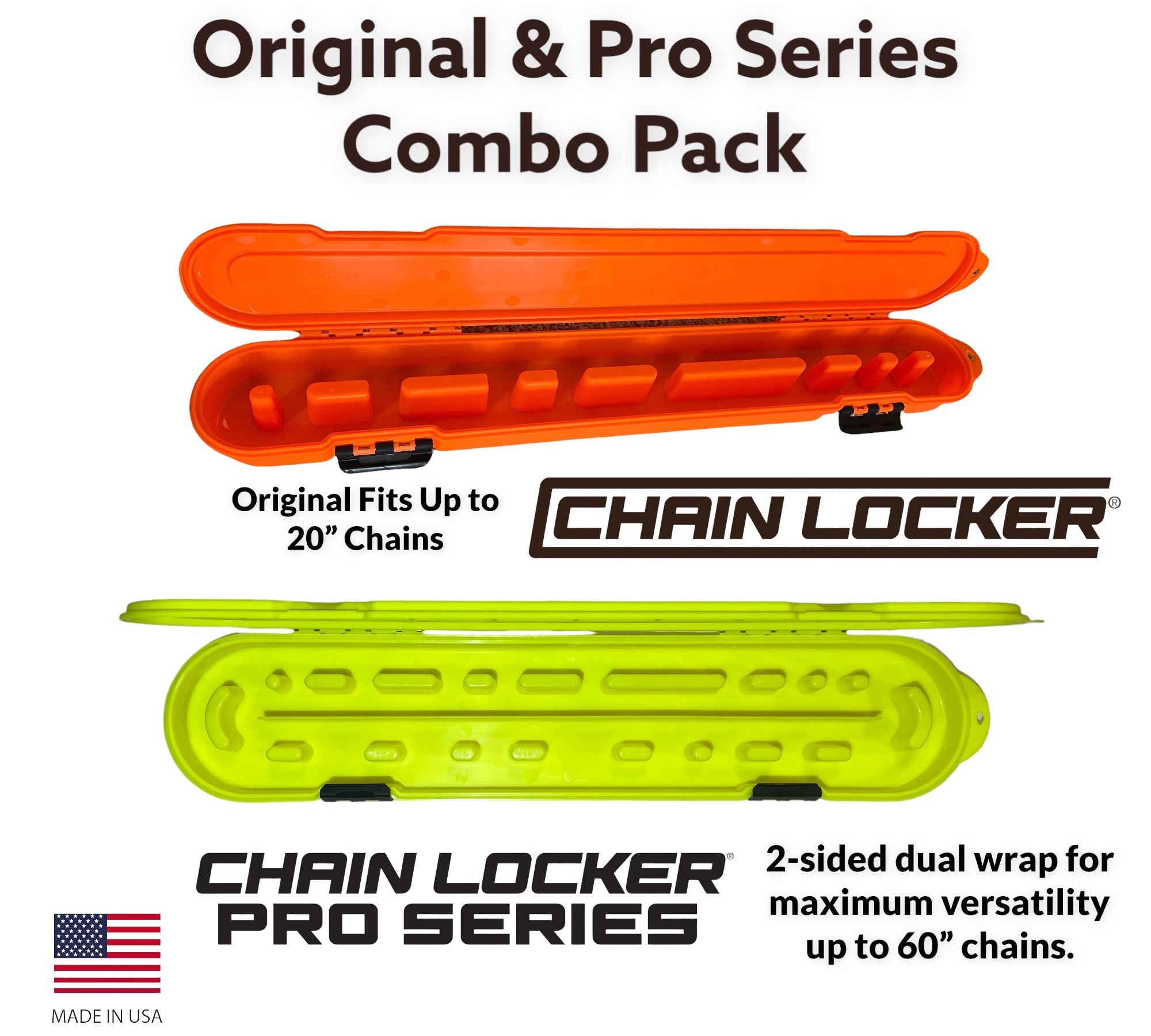 Two chain lockers, one orange and one green, with 'Chain Locker' branding on a white background.