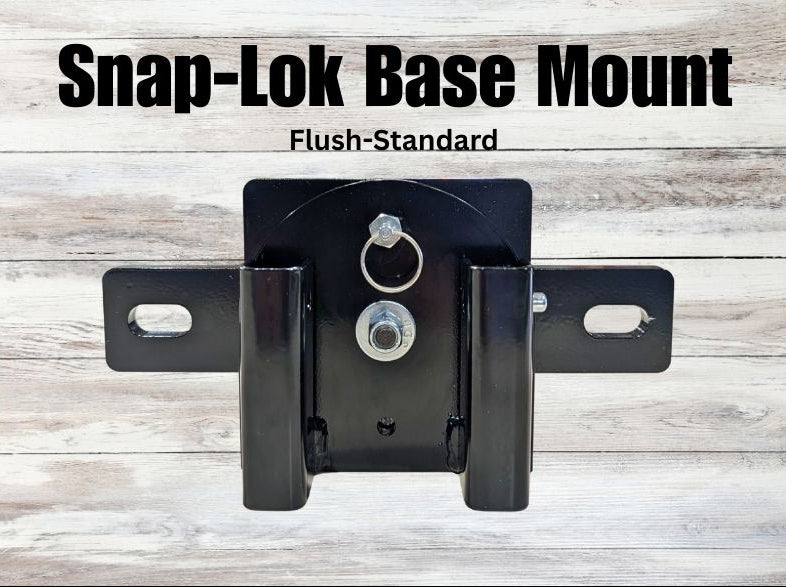 Black Snap-Lok Base Mount on a wooden background with text above it.