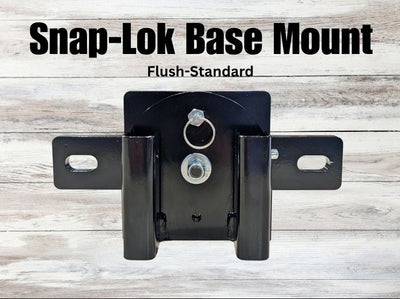 Black Snap-Lok Base Mount on a wooden background with text above it.
