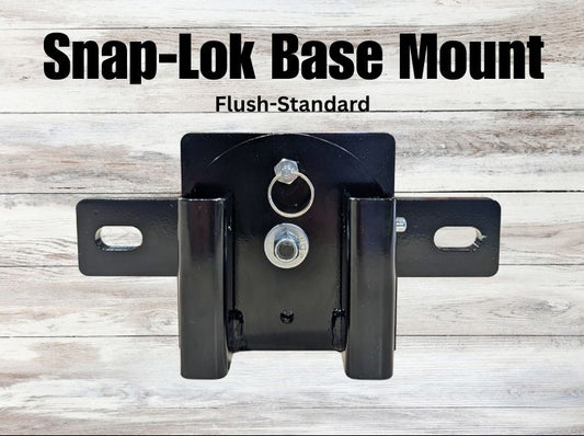 Black Snap-Lok Base Mount on a wooden background with text above it.