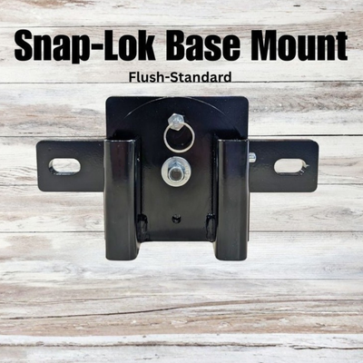 Black Snap-Lok Base Mount on a wooden background with text above it.