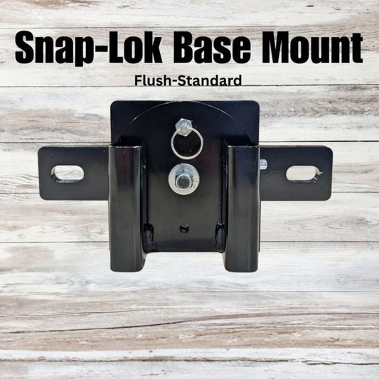 Black Snap-Lok Base Mount on a wooden background with text above it.