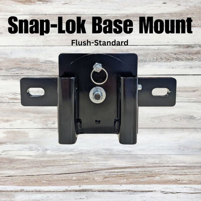 Black Snap-Lok Base Mount on a wooden background with text above it. Hover Image