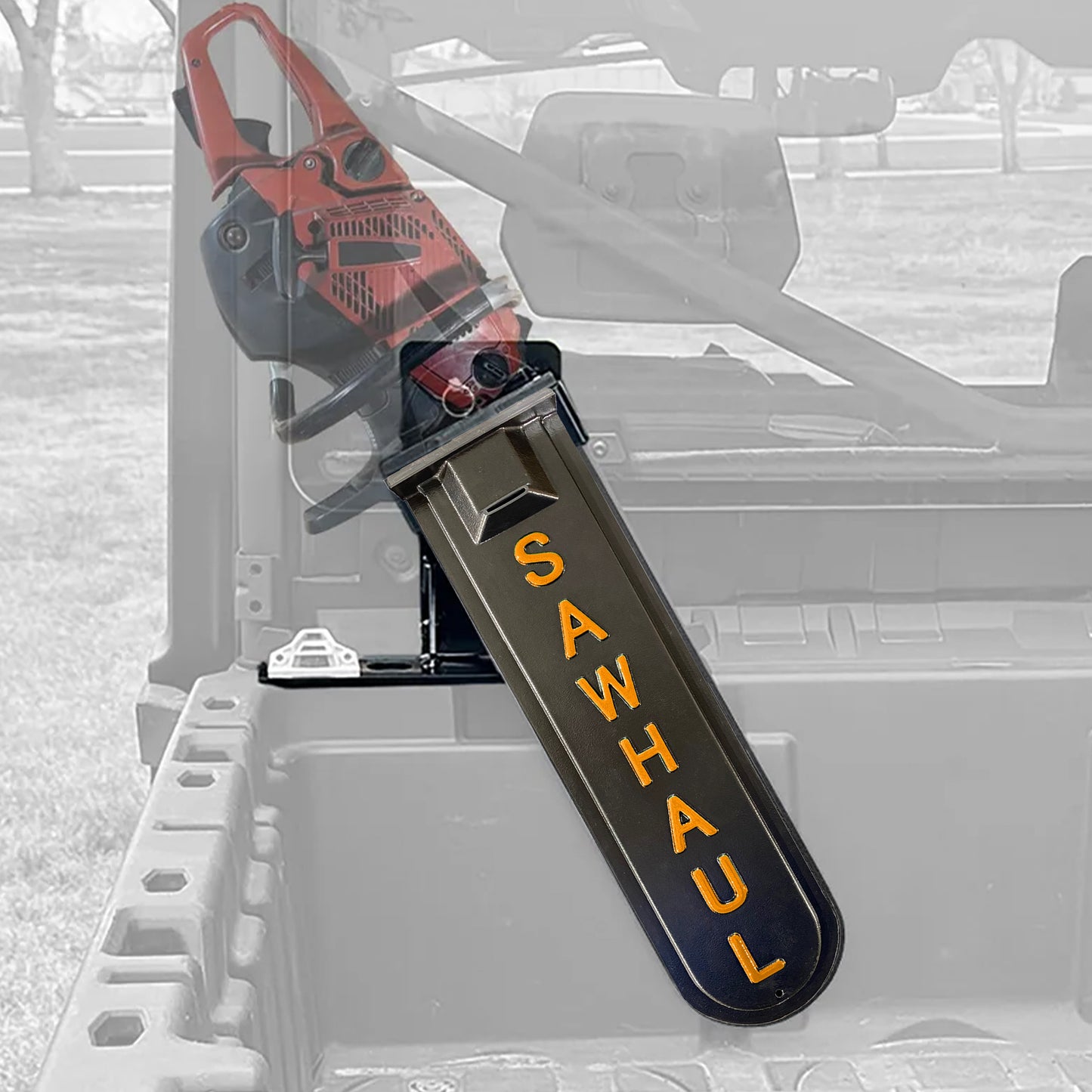Polaris and Can-am SawHaul mounted with Linq latches. Orange 20" Scabbard