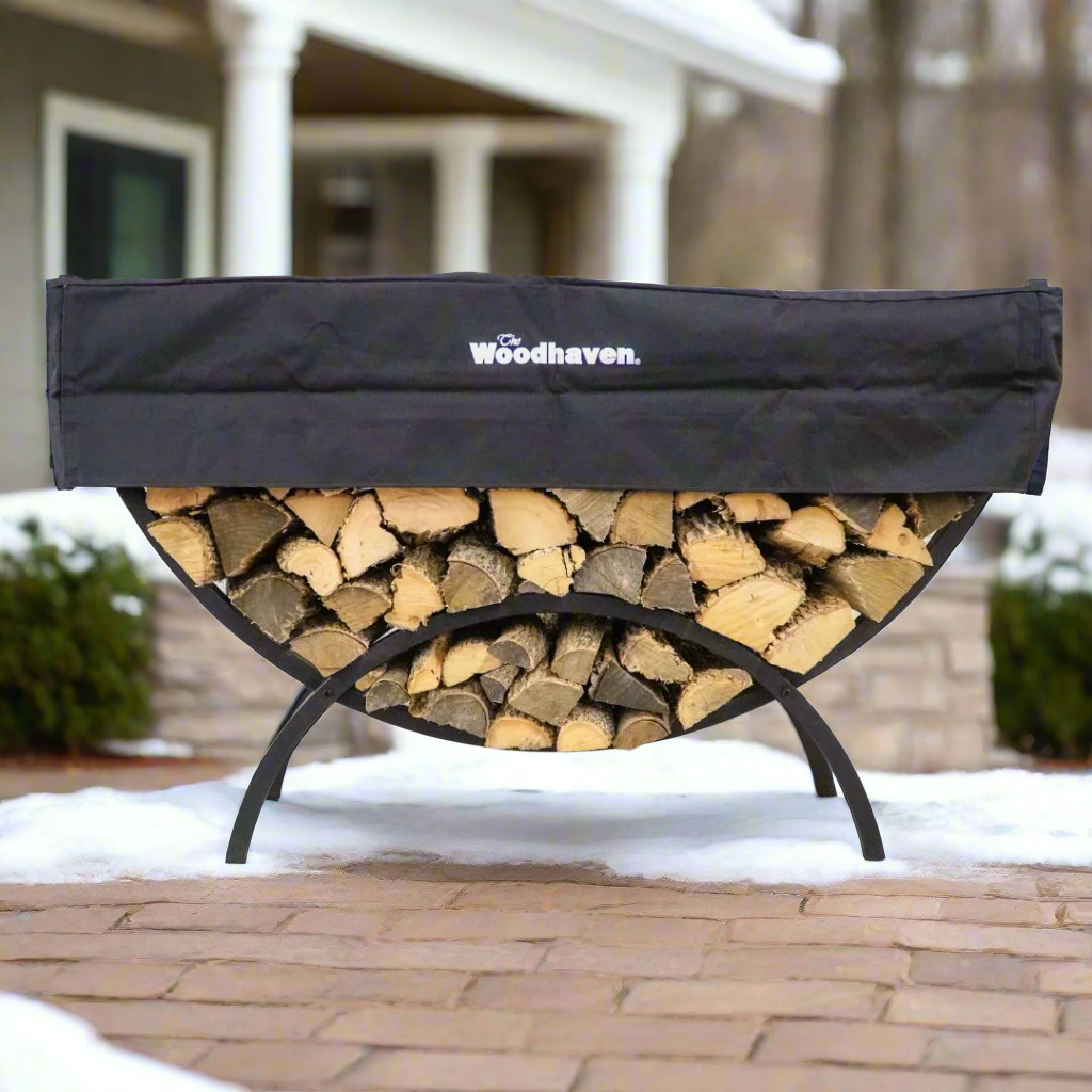 5 ft Crescent Steel Firewood Rack with Seasoning Cover Woodhaven