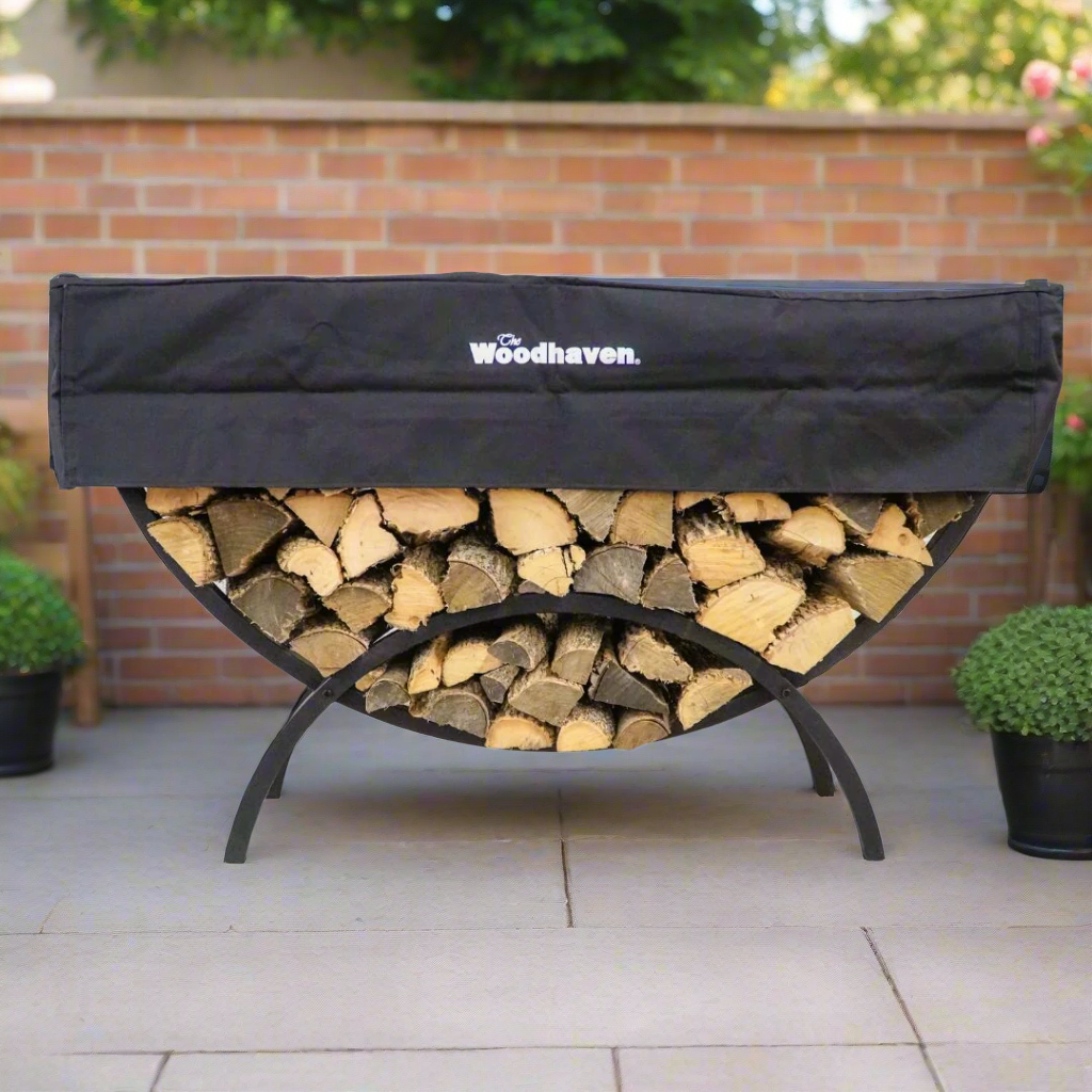 5 ft Crescent Steel Firewood Rack with Seasoning Cover Woodhaven