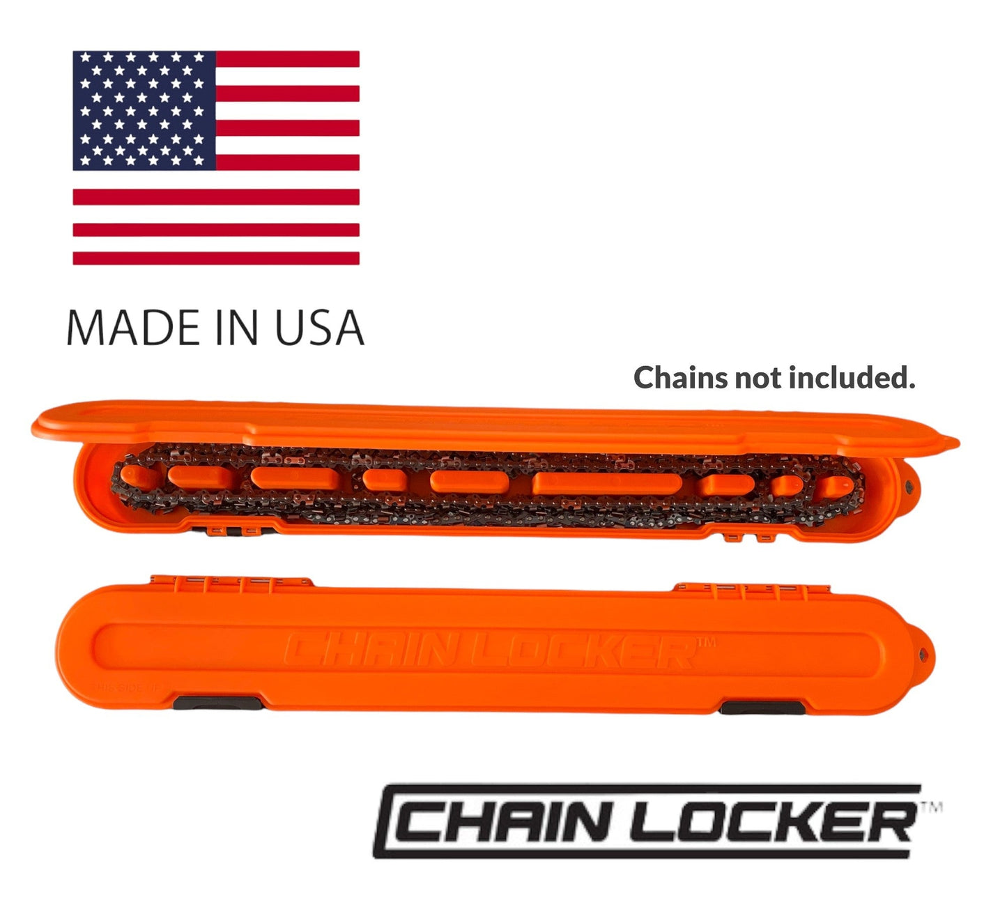 Orange chain locker with chains not included, made in USA, and Chain Locker branding.