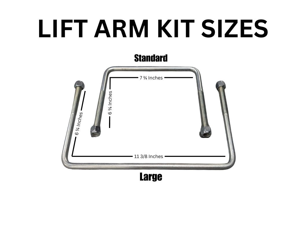Diagram showing lift arm kit sizes with measurements on a white background