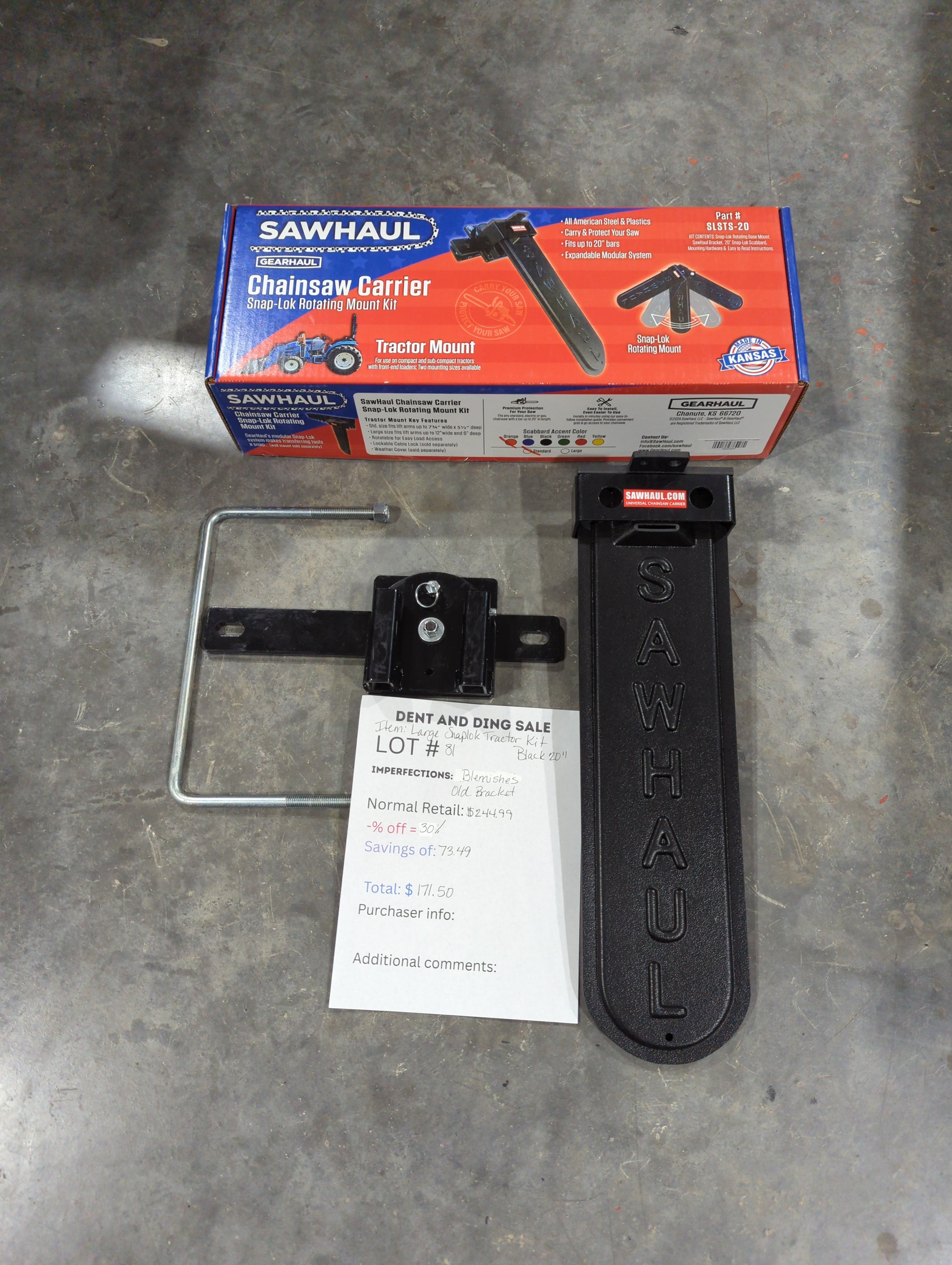 Closeout LOT# 80-82 20" BLACK SAWHAUL- LARGE KIT SNAP-LOK ROTATING MOUNT